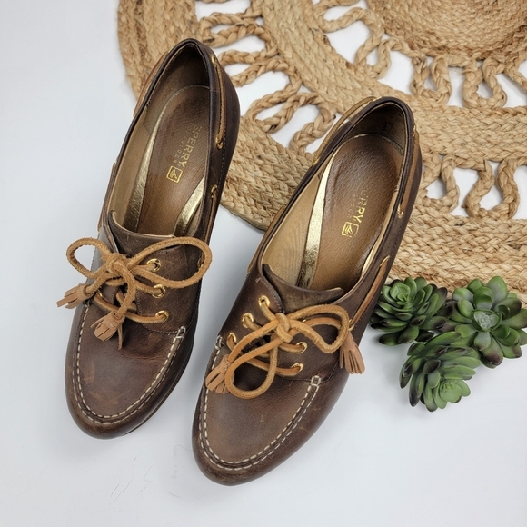 Sperry Top-Sider Seabourn Distressed Brown Oiled Leather Lace-up Wedge Size 9.5 - Picture 2 of 13